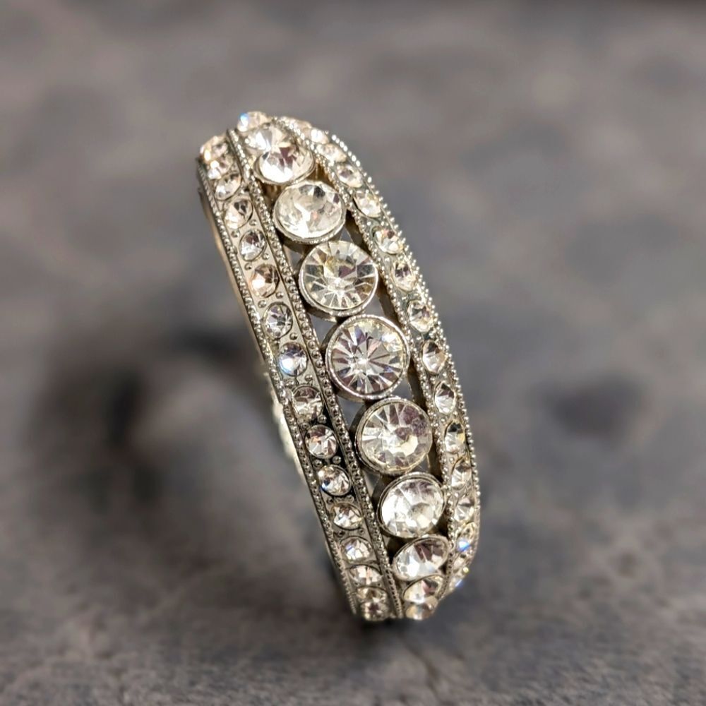 Vintage 80's Silvertone and Rhinestone Hinged Bracelet